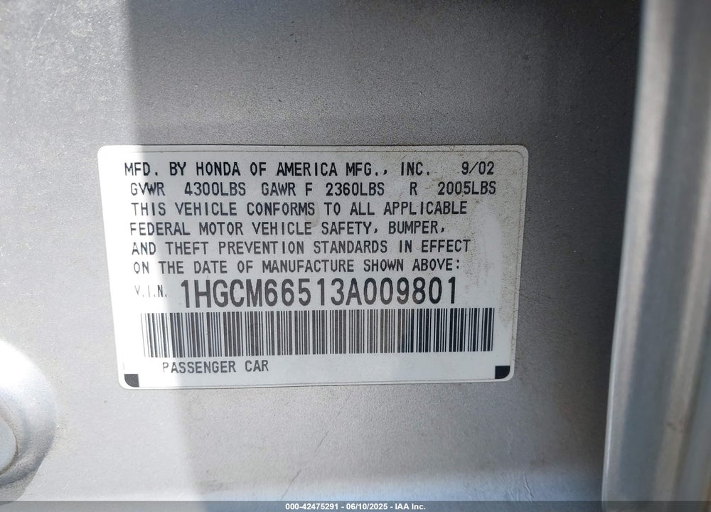 2003 HONDA ACCORD 3.0 EX VIN: 1HGCM66513A009801