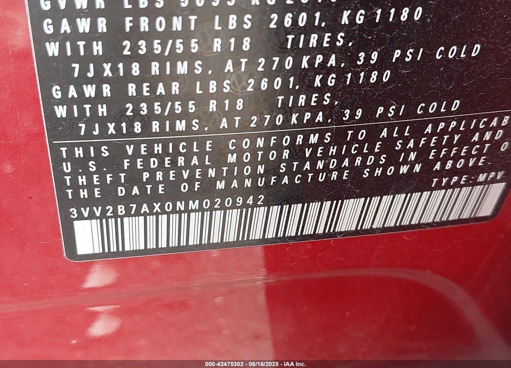2022 VOLKSWAGEN TIGUAN 2.0T SE VIN: 3VV2B7AX0NM020942