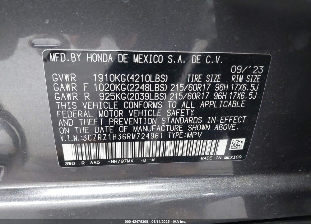 2024 HONDA HR-V VIN: 3CZRZ1H36RM724961