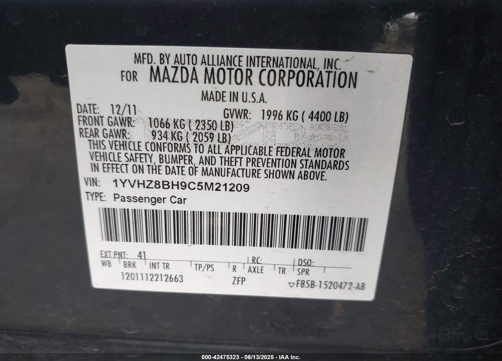 2012 MAZDA 6 I SPORT VIN: 1YVHZ8BH9C5M21209