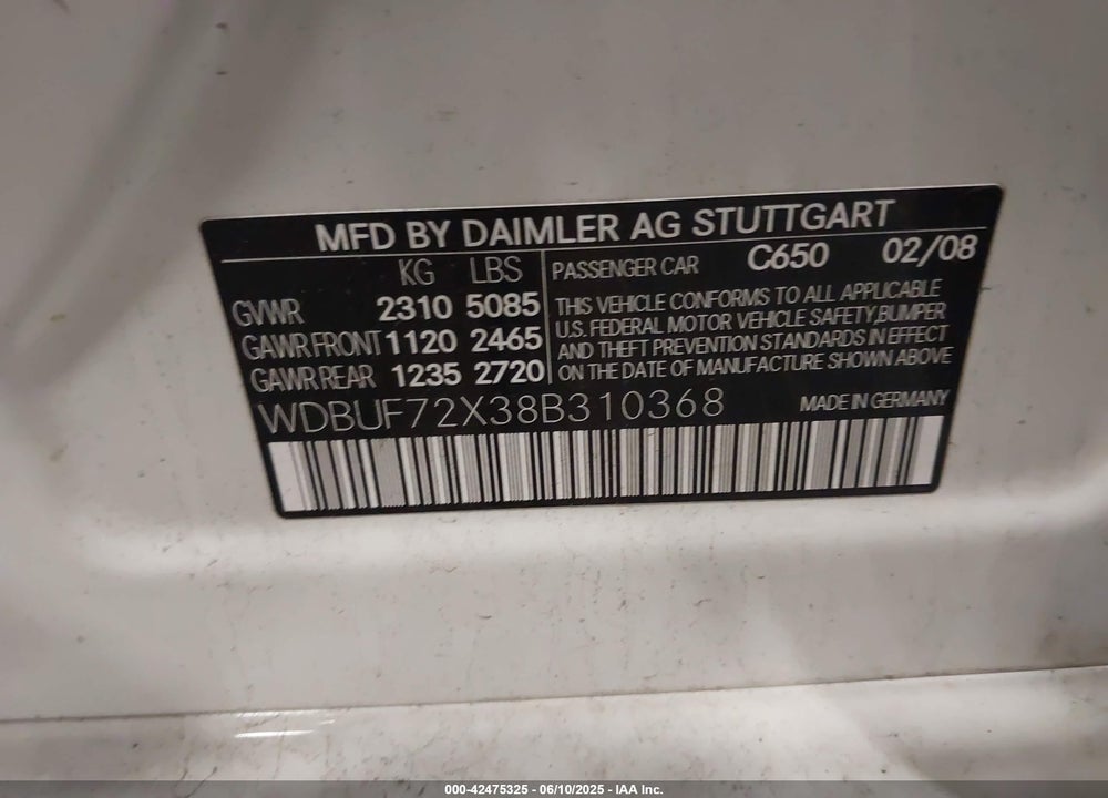 2008 MERCEDES-BENZ E-CLASS VIN: WDBUF72X38B310368