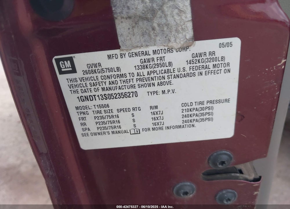 2005 CHEVROLET TRAILBLAZER LS VIN: 1GNDT13S052356270