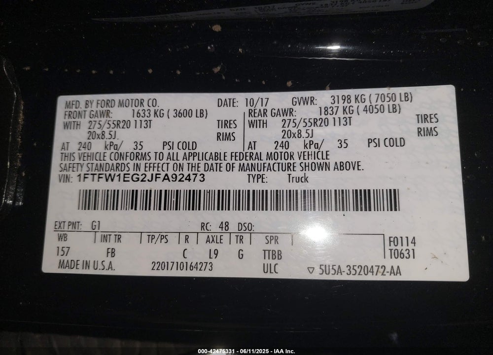 2018 FORD F-150 VIN: 1FTFW1EG2JFA92473
