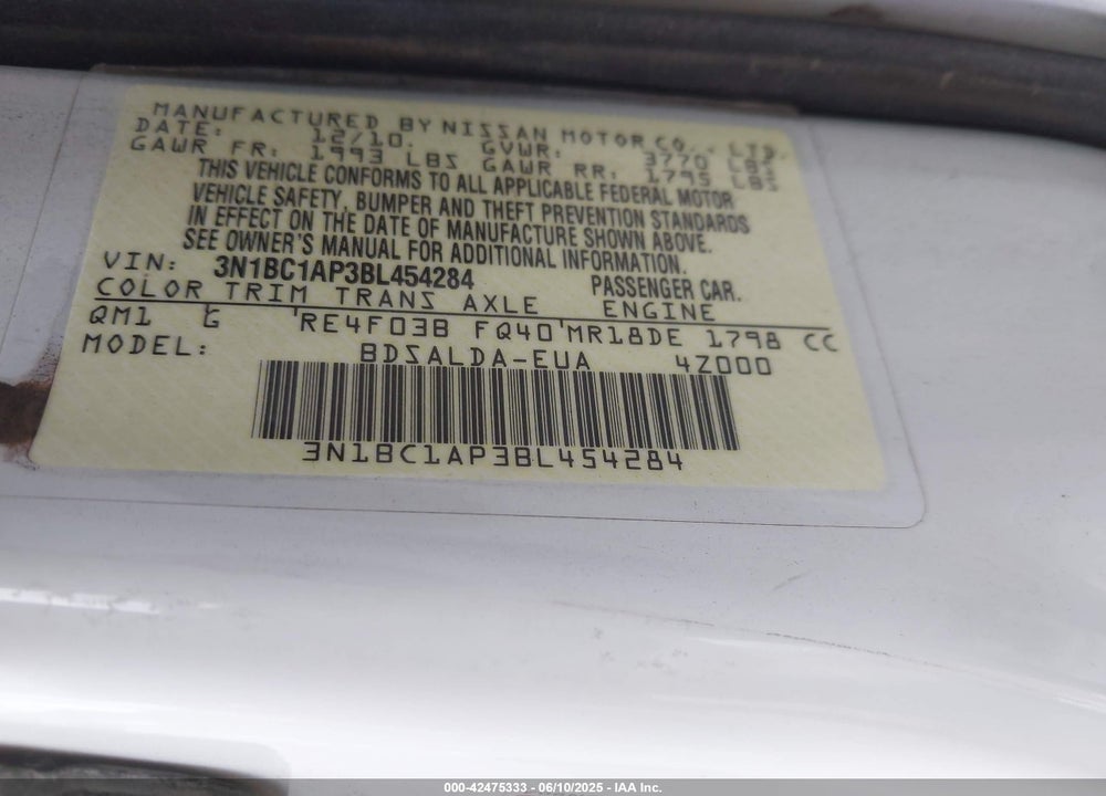 2011 NISSAN VERSA VIN: 3N1BC1AP3BL454284