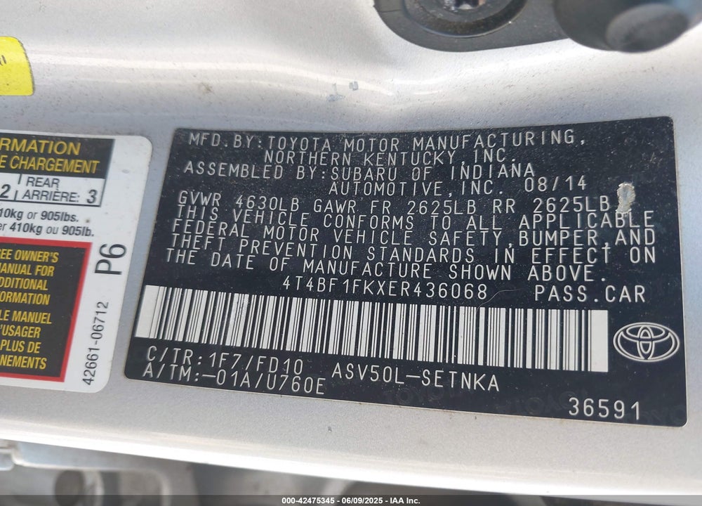 2014 TOYOTA CAMRY LE VIN: 4T4BF1FKXER436068