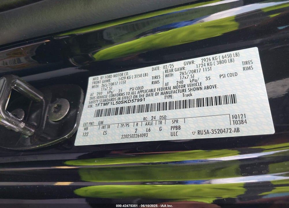 2025 FORD F-150 XL VIN: 1FTMF1L50SKD57991