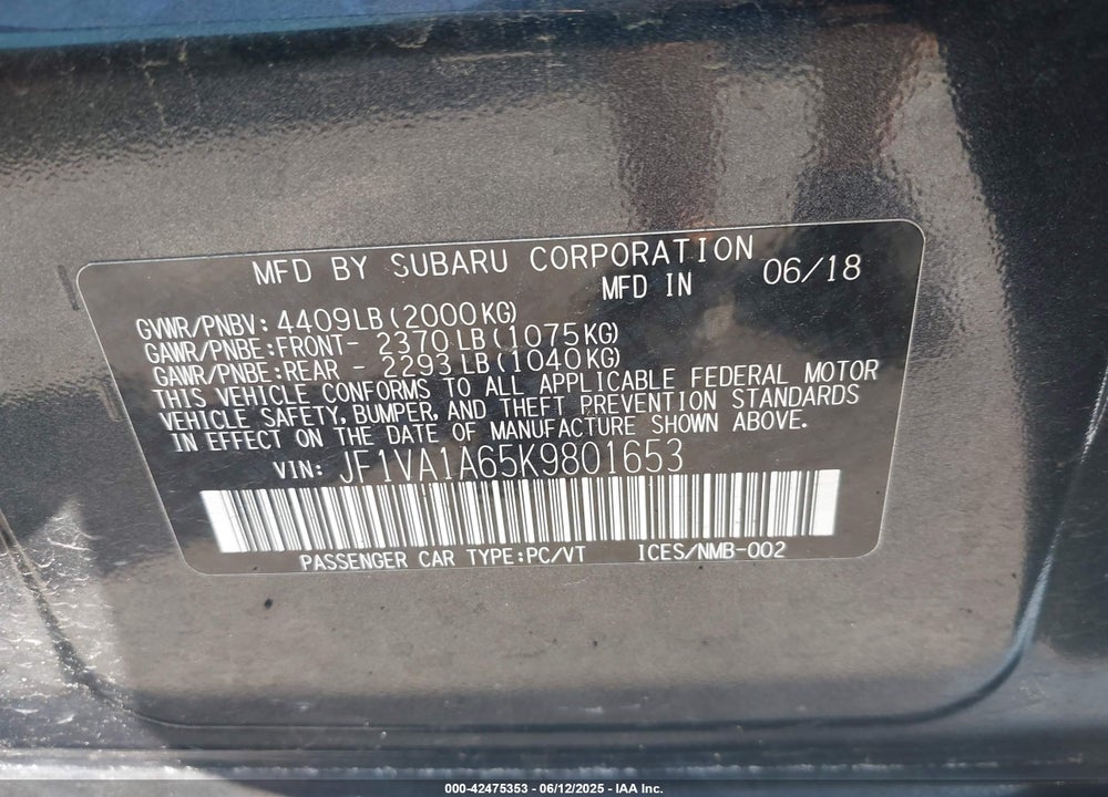 2019 SUBARU WRX VIN: JF1VA1A65K9801653