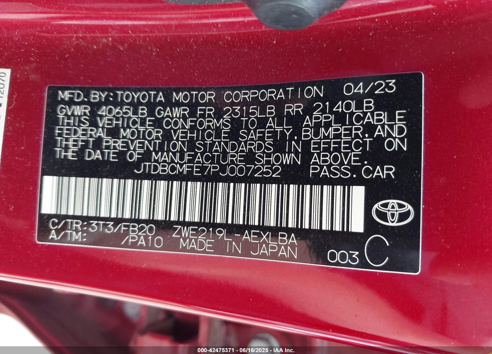 2023 TOYOTA COROLLA VIN: JTDBCMFE7PJ007252