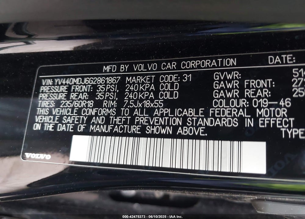 2016 VOLVO XC60 T5 DRIVE-E VIN: YV440MDJ6G2861867