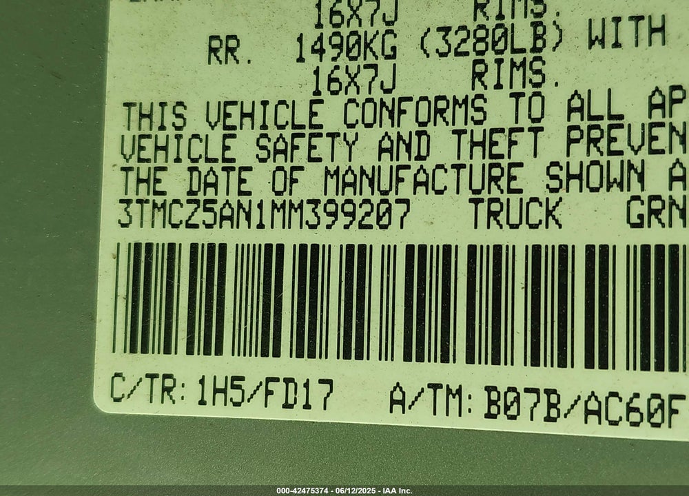 2021 TOYOTA TACOMA VIN: 3TMCZ5AN1MM399207