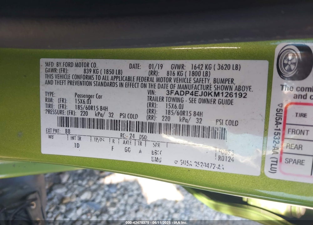 2019 FORD FIESTA VIN: 3FADP4EJ0KM126192