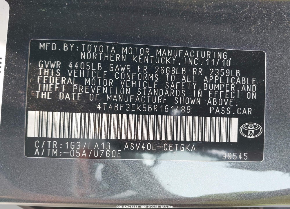 2011 TOYOTA CAMRY VIN: 4T4BF3EK5BR161489