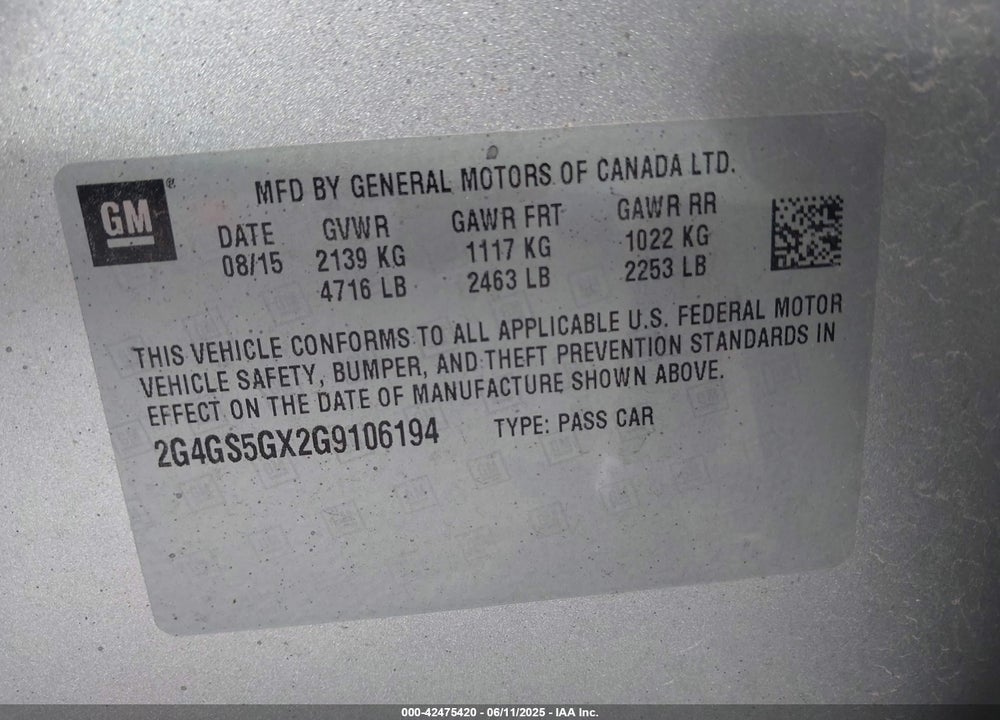 2016 BUICK REGAL VIN: 2G4GS5GX2G9106194