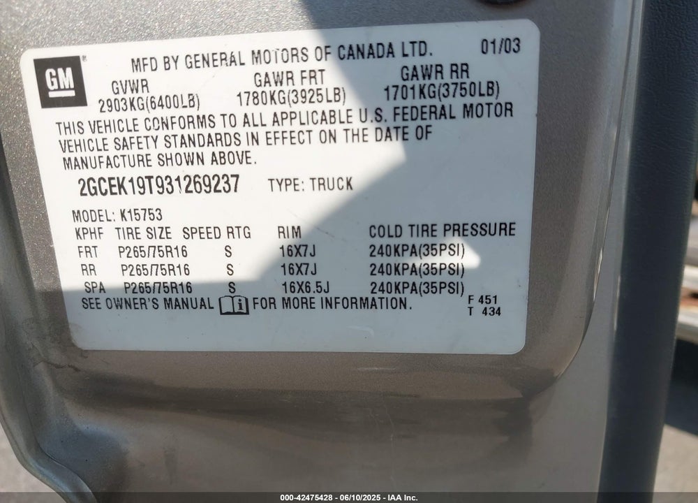 2003 CHEVROLET SILVERADO 1500 LS VIN: 2GCEK19T931269237