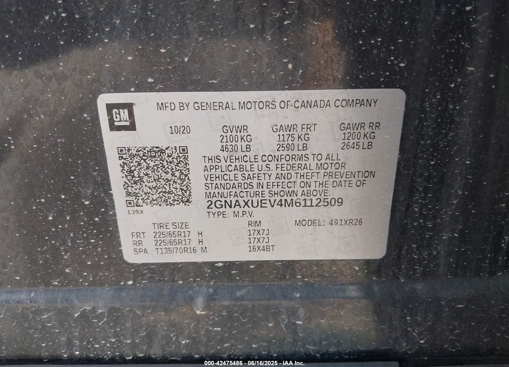 2021 CHEVROLET EQUINOX VIN: 2GNAXUEV4M6112509