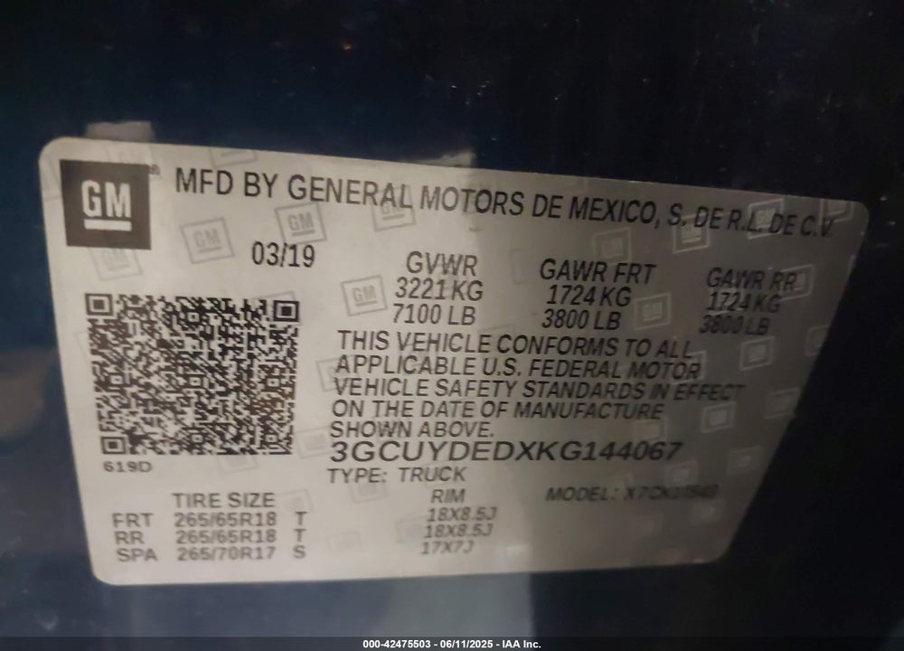 2019 CHEVROLET SILVERADO 1500 LT VIN: 3GCUYDEDXKG144067