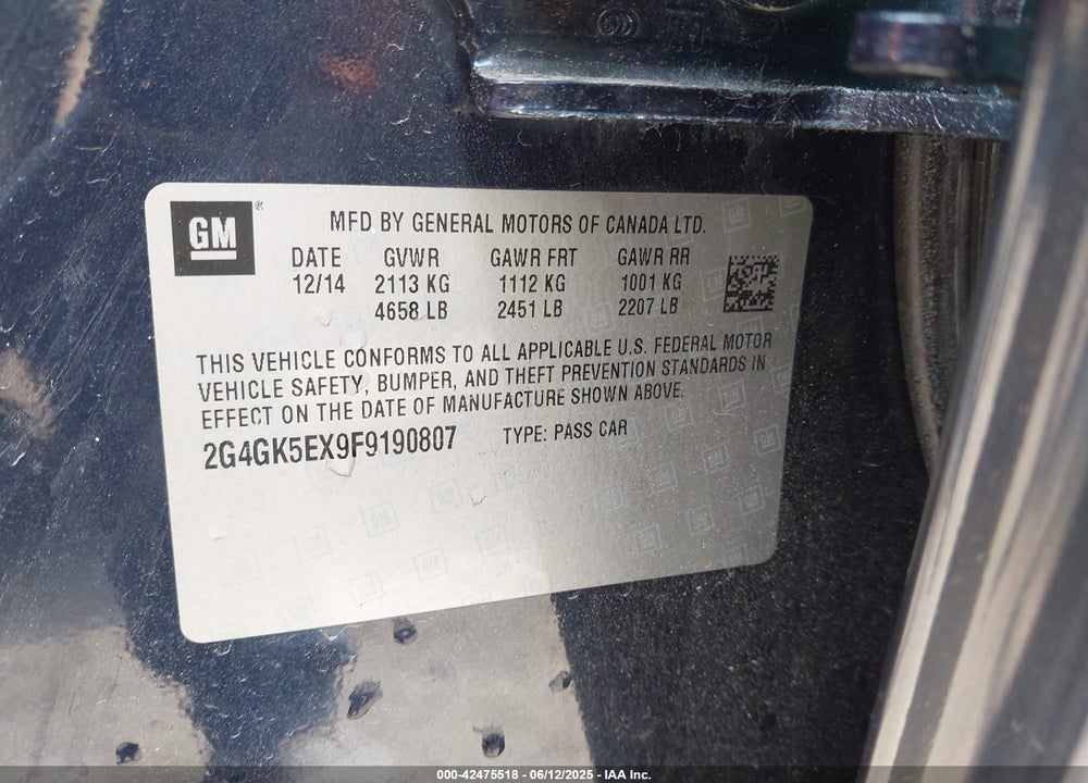 2015 BUICK REGAL TURBO VIN: 2G4GK5EX9F9190807