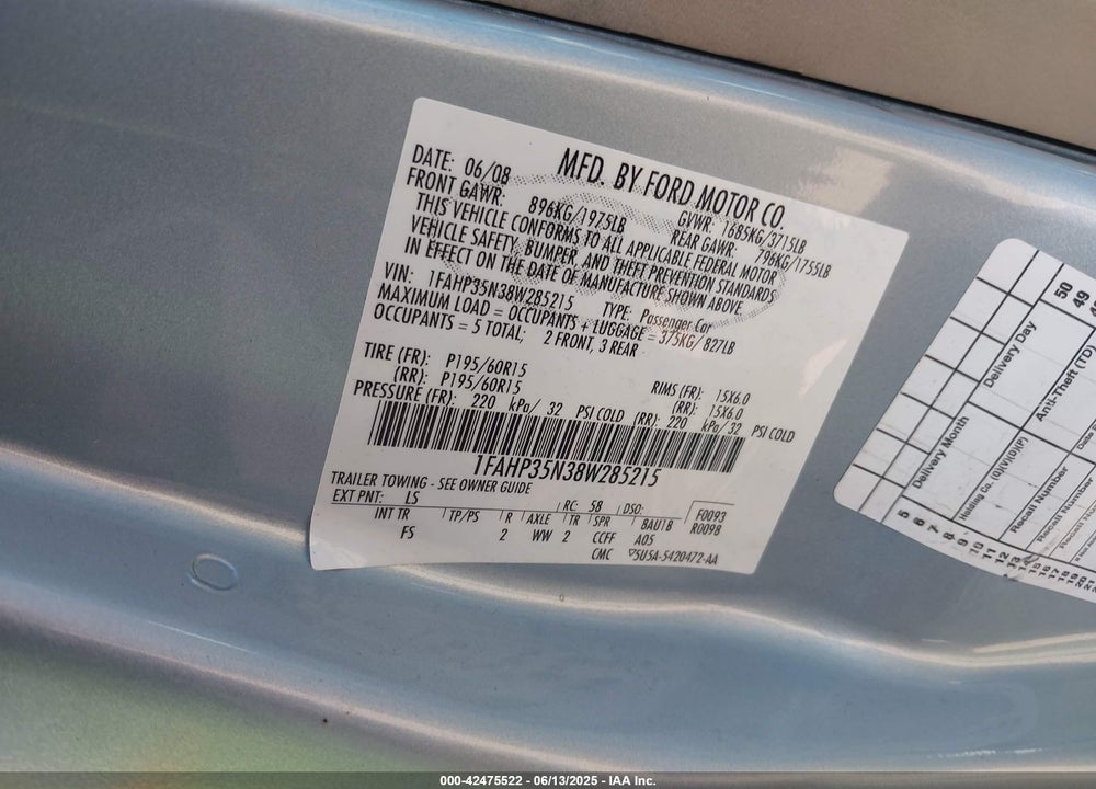 2008 FORD FOCUS VIN: 1FAHP35N38W285215