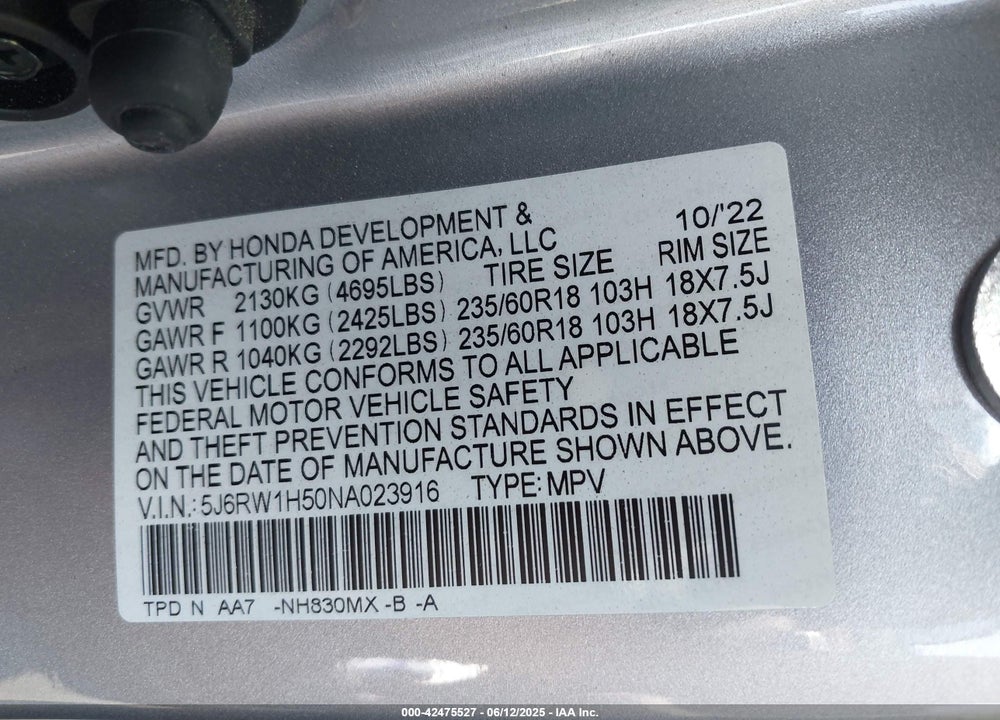 2022 HONDA CR-V 2WD EX VIN: 5J6RW1H50NA023916