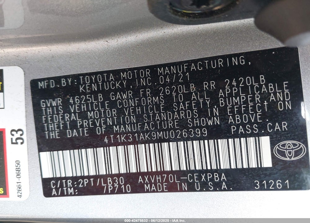 2021 TOYOTA CAMRY XSE HYBRID VIN: 4T1K31AK9MU026399
