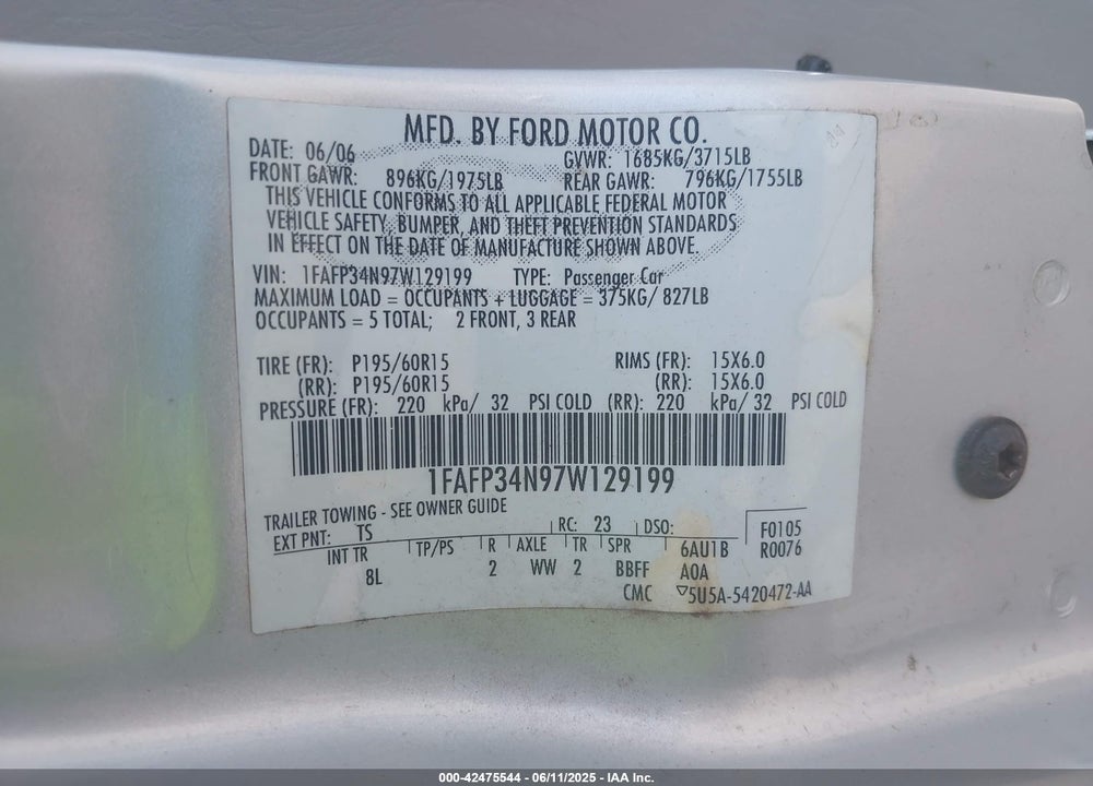 2007 FORD FOCUS VIN: 1FAFP34N97W129199