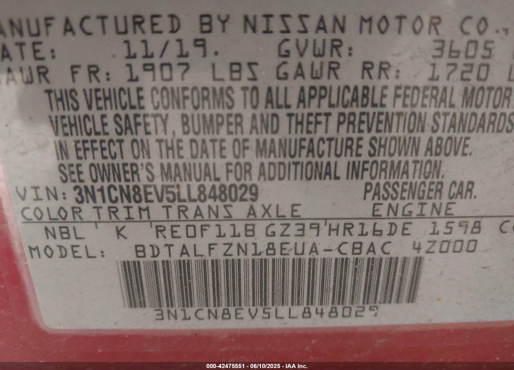 2020 NISSAN VERSA VIN: 3N1CN8EV5LL848029