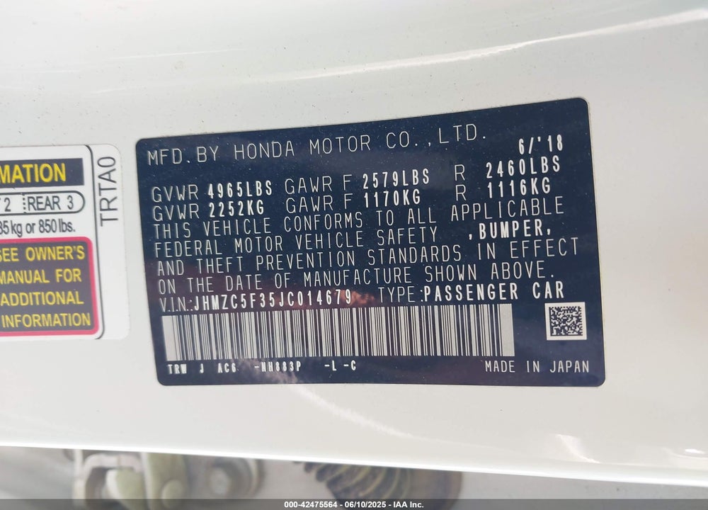 2018 HONDA CLARITY PLUG-IN HYBRID VIN: JHMZC5F35JC014679