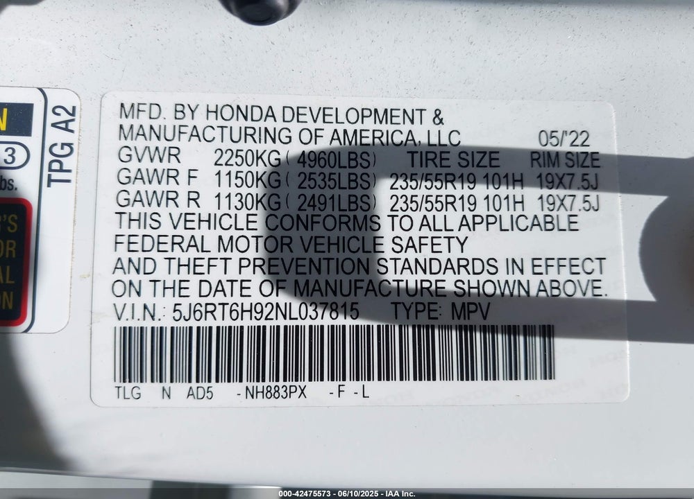2022 HONDA CR-V HYBRID VIN: 5J6RT6H92NL037815