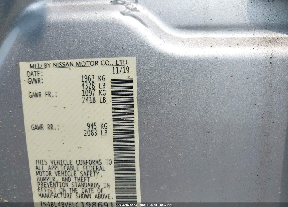 2020 NISSAN ALTIMA VIN: 1N4BL4BV8LC198691