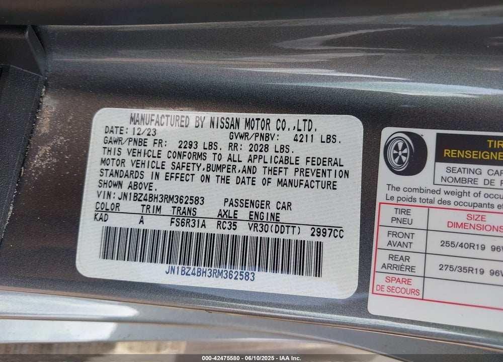 2024 NISSAN Z VIN: JN1BZ4BH3RM362583
