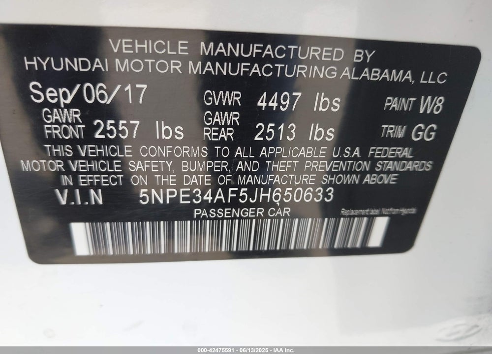 2018 HYUNDAI SONATA VIN: 5NPE34AF5JH650633