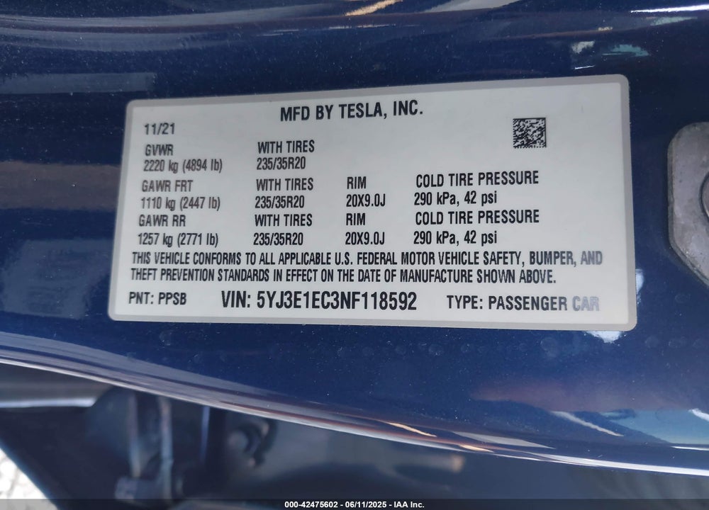 2022 TESLA MODEL 3 VIN: 5YJ3E1EC3NF118592