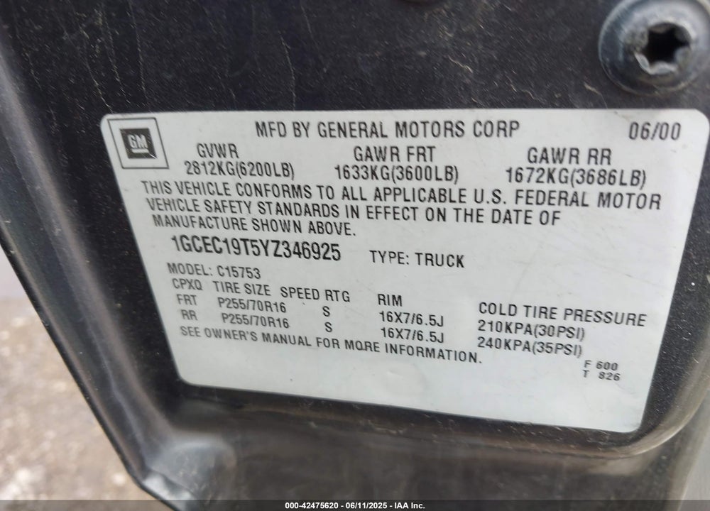 2000 CHEVROLET SILVERADO 1500 LS VIN: 1GCEC19T5YZ346925