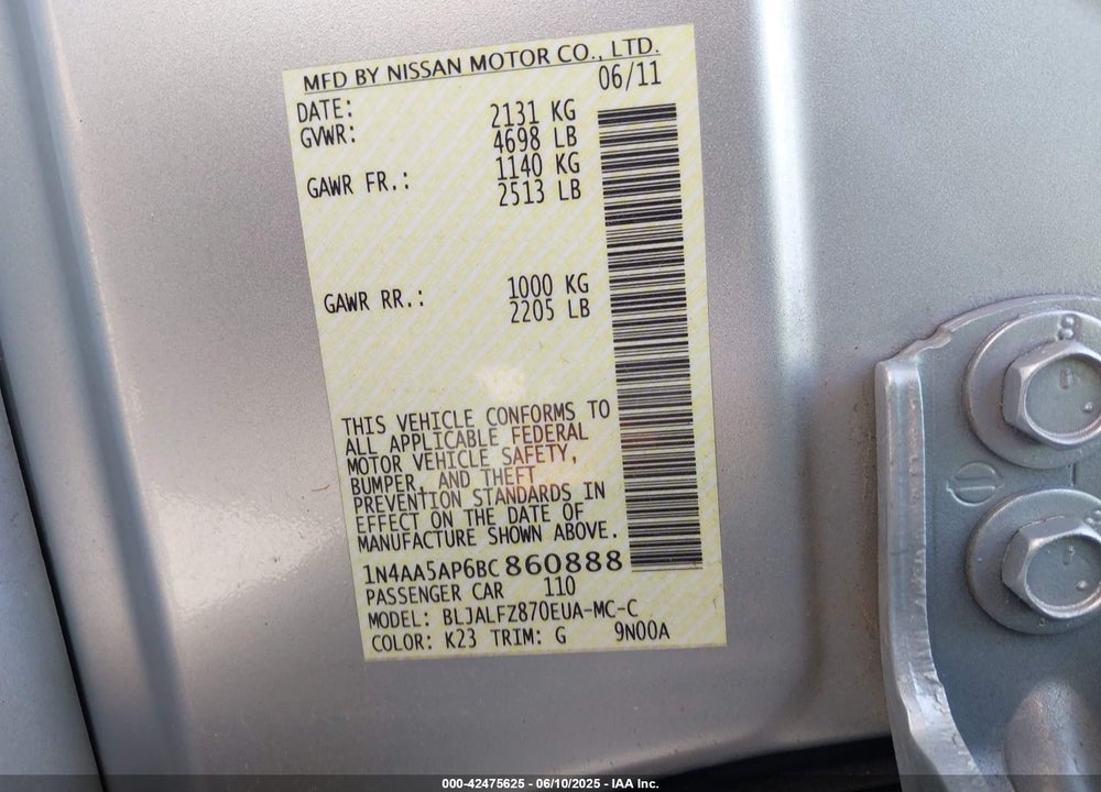 2011 NISSAN MAXIMA VIN: 1N4AA5AP6BC860888