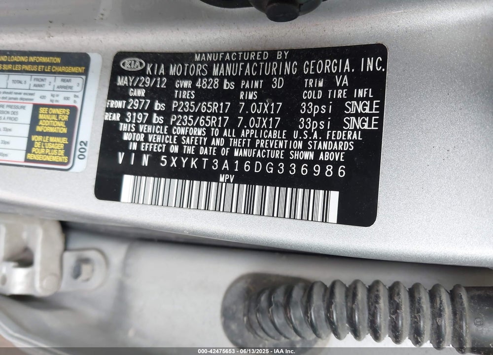 2013 KIA SORENTO LX VIN: 5XYKT3A16DG336986