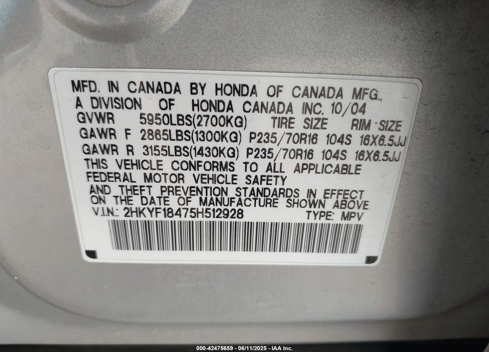 2005 HONDA PILOT VIN: 2HKYF18475H512928