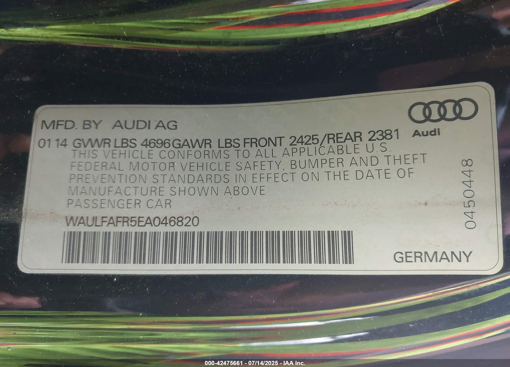 2014 AUDI A5 2.0T PREMIUM VIN: WAULFAFR5EA046820