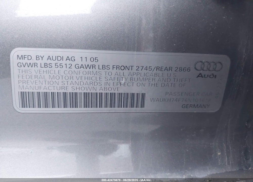 2006 AUDI A6 VIN: WAUKH74F76N101618