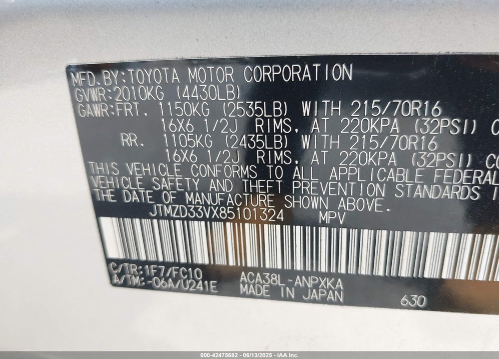 2008 TOYOTA RAV4 VIN: JTMZD33VX85101324