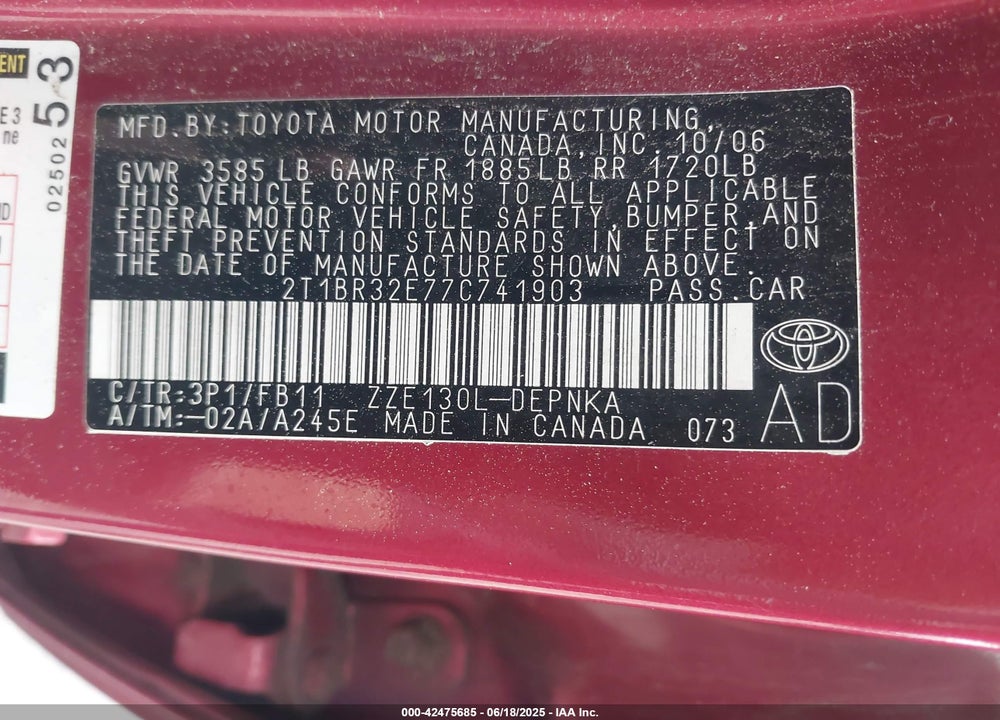 2007 TOYOTA COROLLA LE VIN: 2T1BR32E77C741903