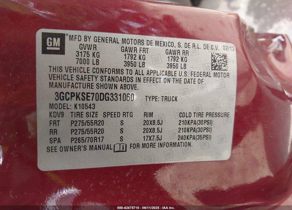 2013 CHEVROLET SILVERADO VIN: 3GCPKSE70DG331060