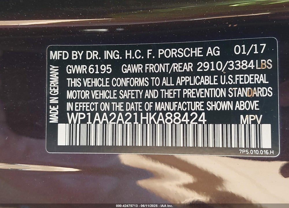 2017 PORSCHE CAYENNE VIN: WP1AA2A21HKA88424
