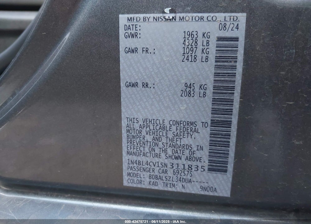 2025 NISSAN ALTIMA SR FWD VIN: 1N4BL4CV1SN311835