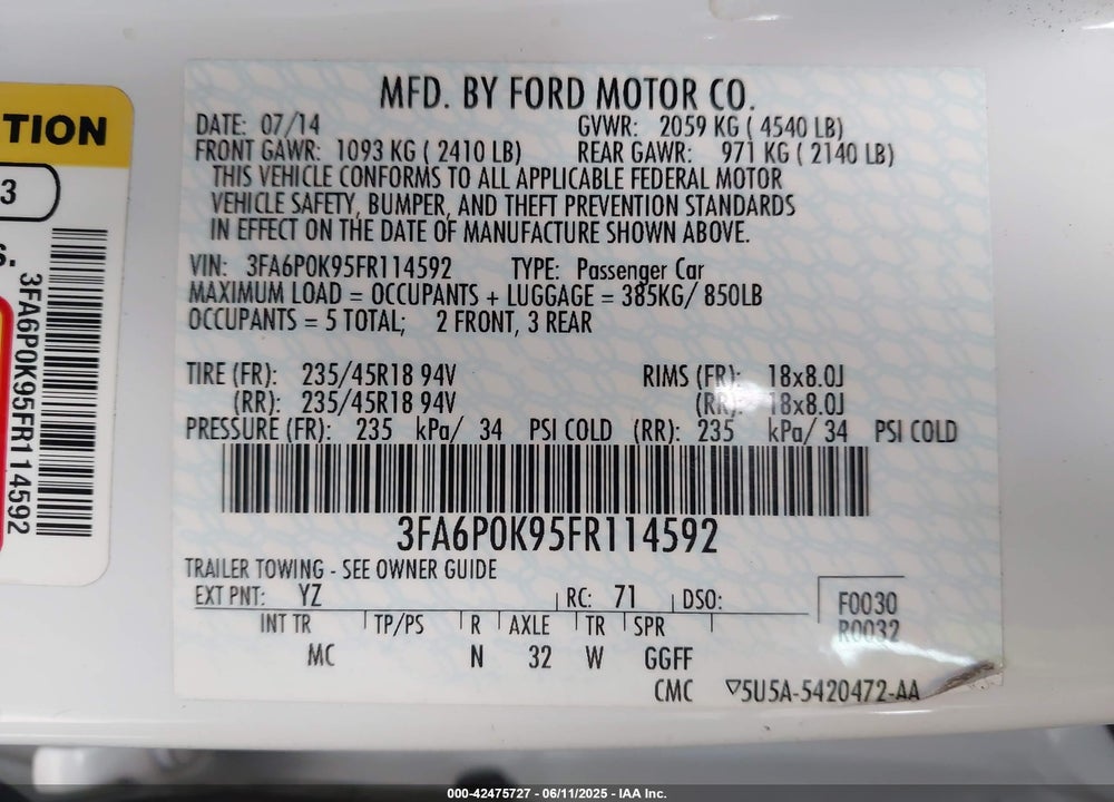 2015 FORD FUSION TITANIUM VIN: 3FA6P0K95FR114592