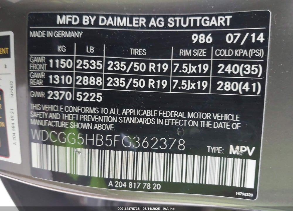 2015 MERCEDES-BENZ GLK-CLASS VIN: WDCGG5HB5FG362378