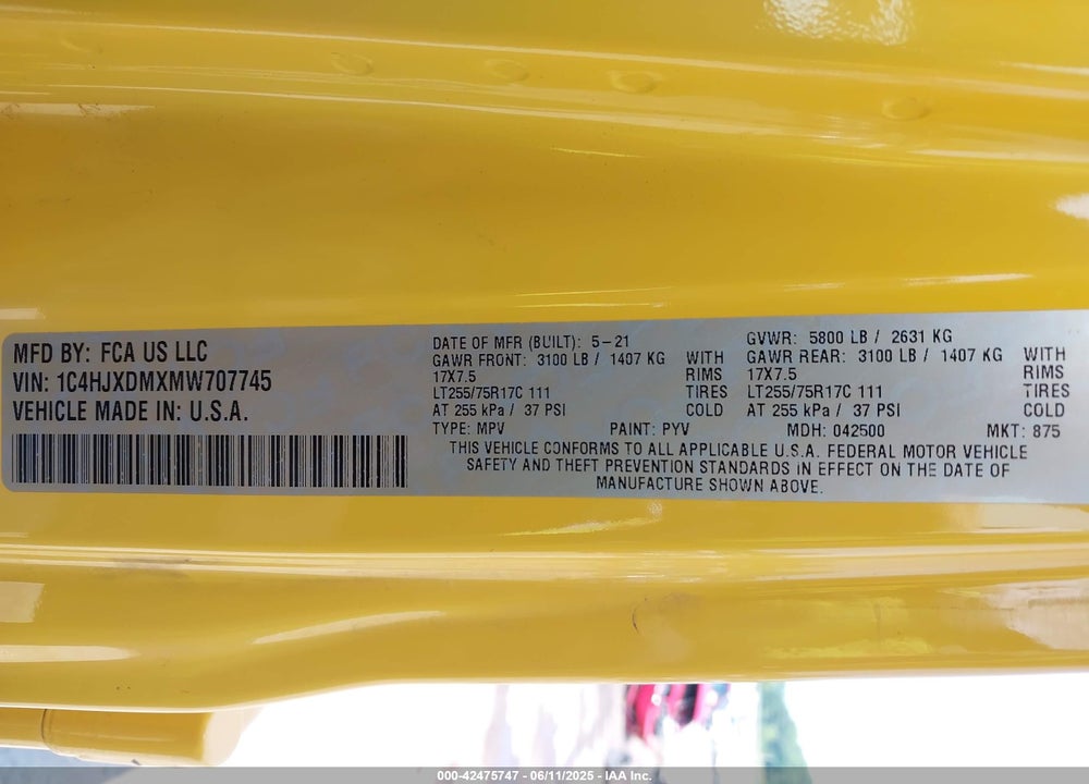 2021 JEEP WRANGLER UNLIMITED VIN: 1C4HJXDMXMW707745