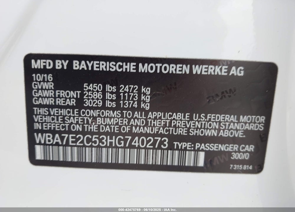 2017 BMW 740I VIN: WBA7E2C53HG740273