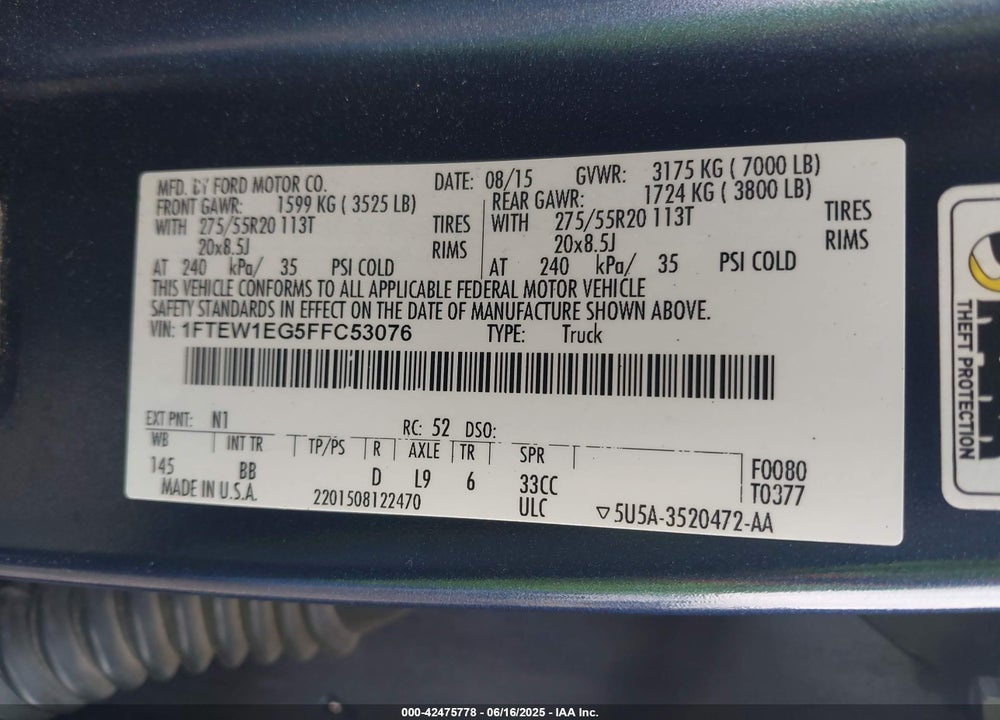 2015 FORD F-150 PLATINUM VIN: 1FTEW1EG5FFC53076