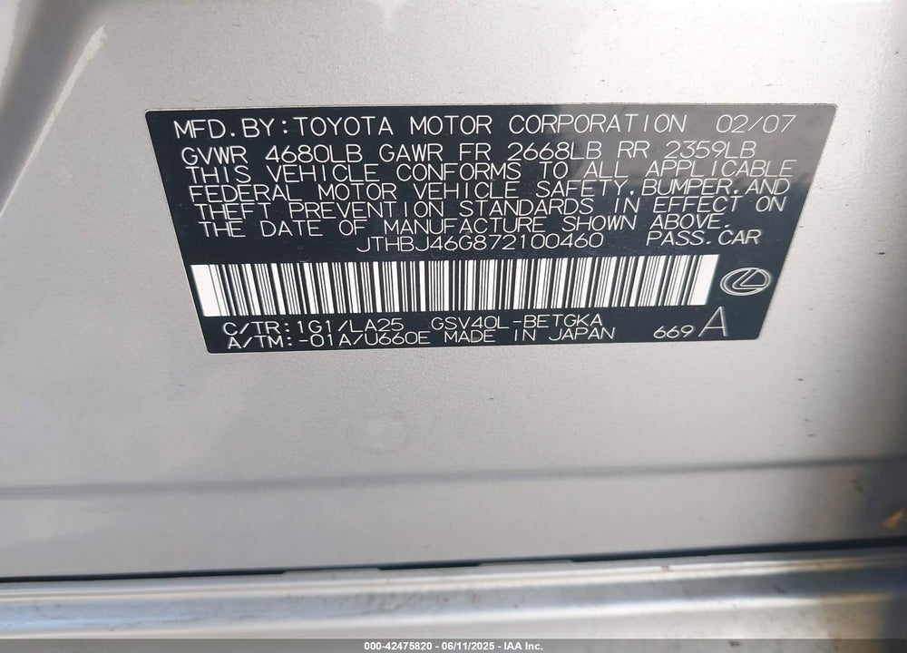 2007 LEXUS ES 350 VIN: JTHBJ46G872100460