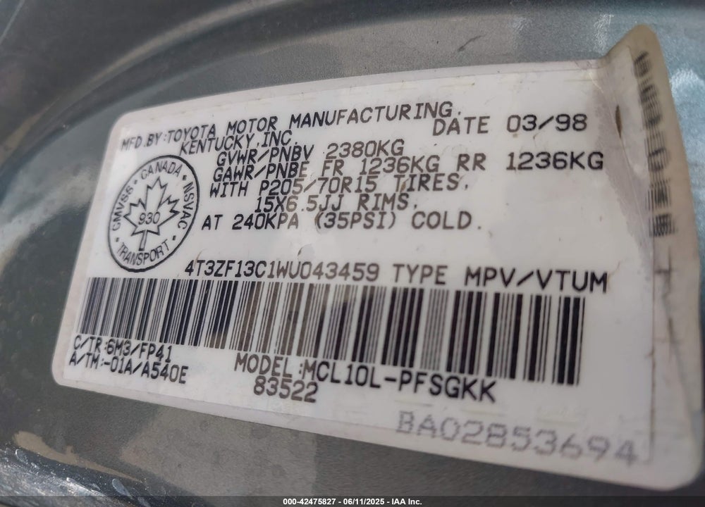 1998 TOYOTA SIENNA VIN: 4T3ZF13C1WU043459